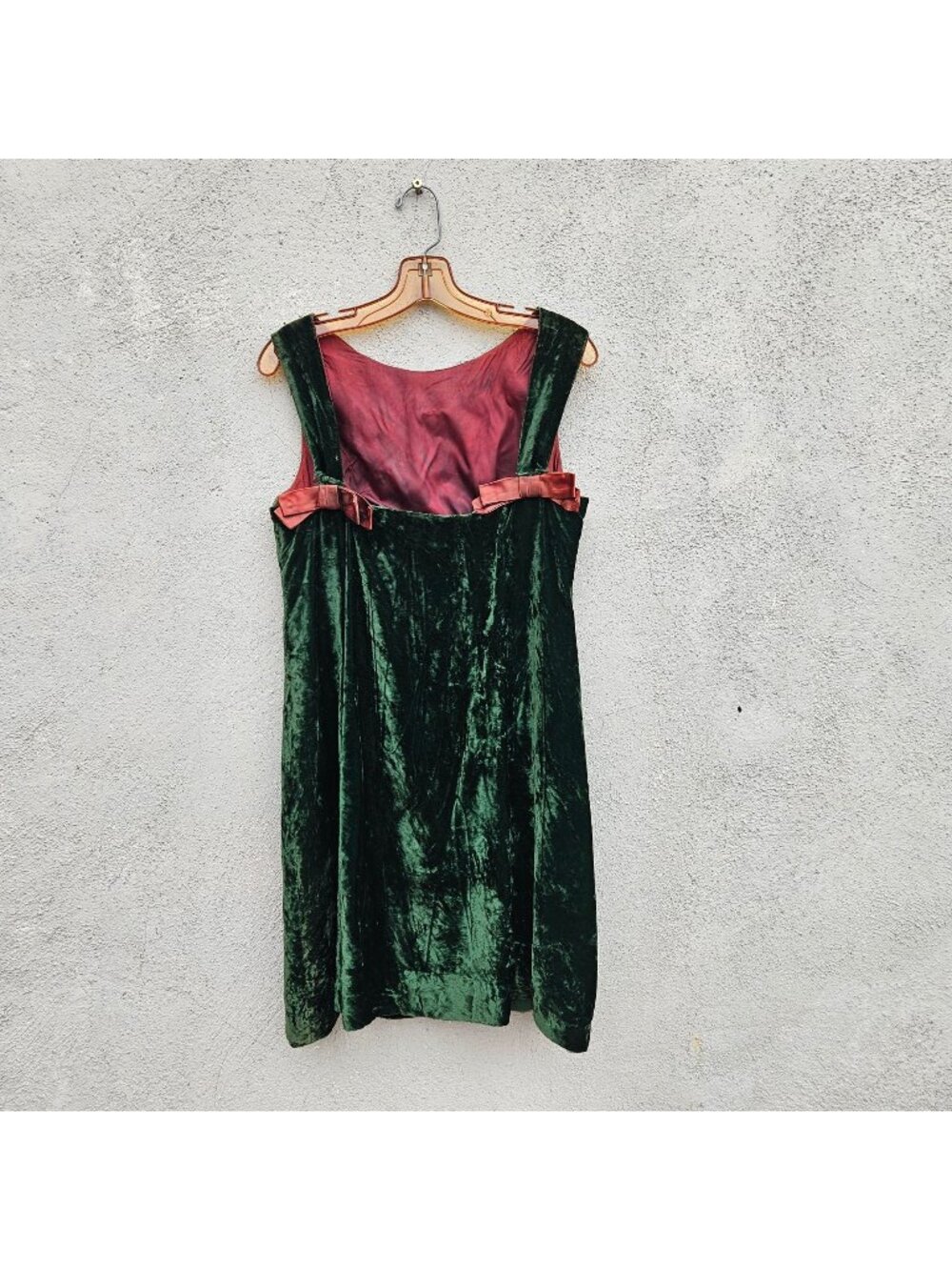 Vintage Handmade Emerald Green Crushed Velvet Empire Dress Brown Satin Bows S/M